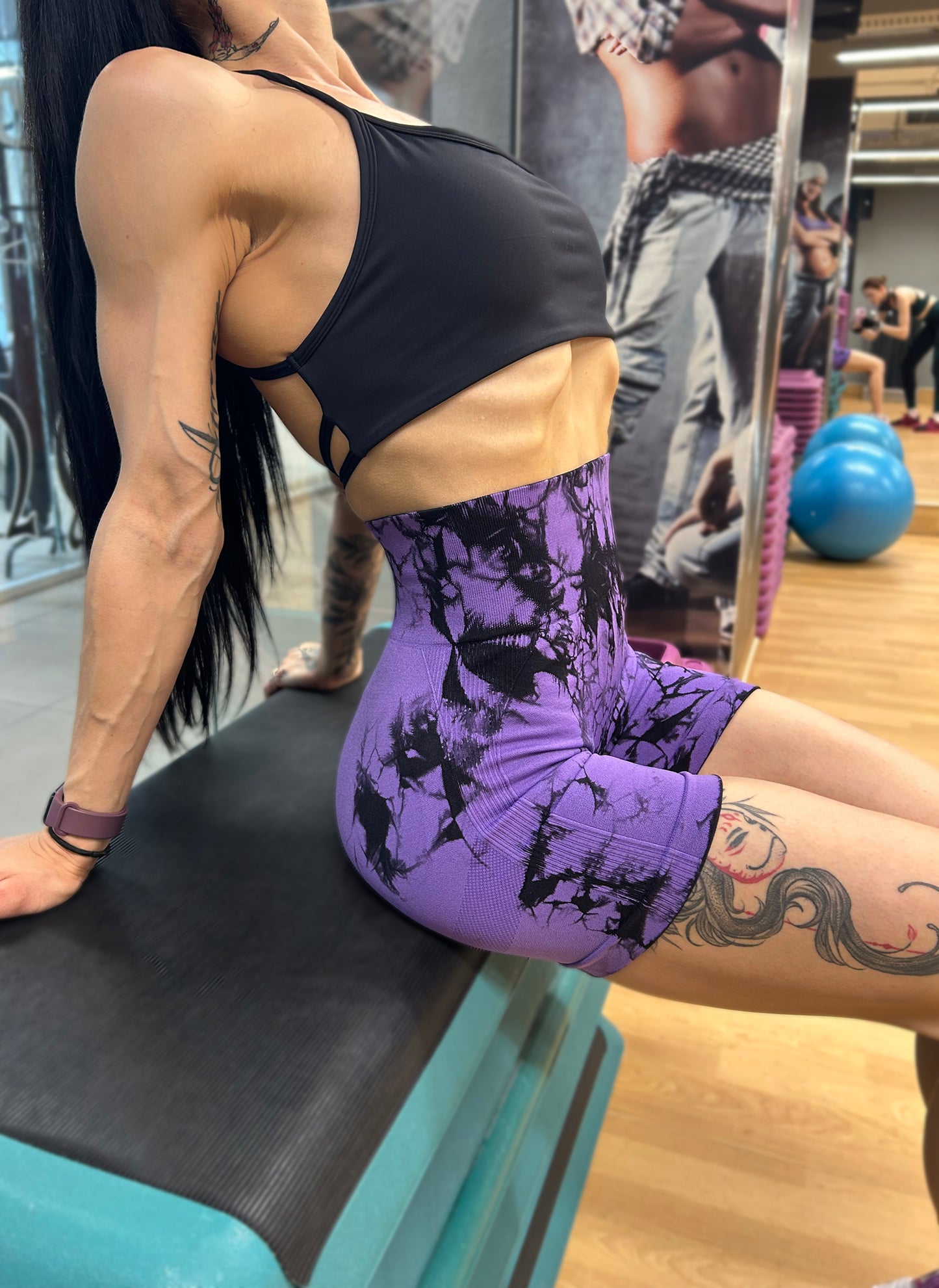 Lavi Gym Marble Collection Shorts – Purple-black , With Push-Up Effect and High Waistband