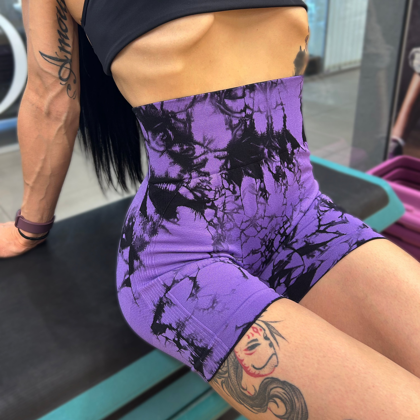 Lavi Gym Marble Collection Shorts – Purple-black , With Push-Up Effect and High Waistband