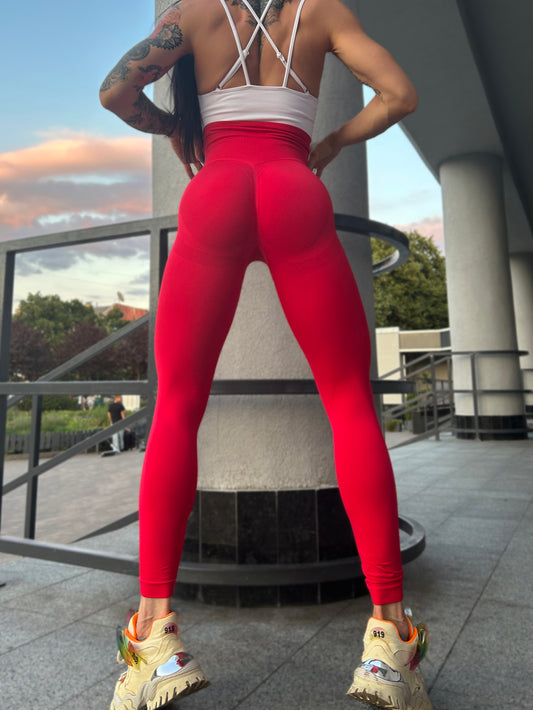 Lavi Gym DPU Leggings Collection – Red, High V-Shaped Waistband Above the Buttocks