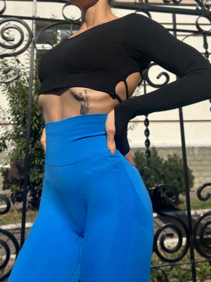 Lavi Gym DPU Leggings Kollektion – Hellblau, Hoher V-förmiger Bund über dem Gesäß