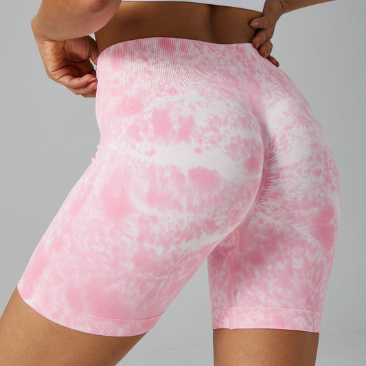 European and American cross-border splash-dyed seamless yoga shorts for women high waist hip-lifting tight yoga pants running sports fitness shorts Light Pink